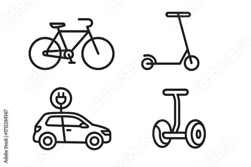 Urban mobility icons vector set in simple linear style for modern transportation solutions. Includes bicycle, electric scooter, electric car, and Segway. Transparent background, ordered collection.
