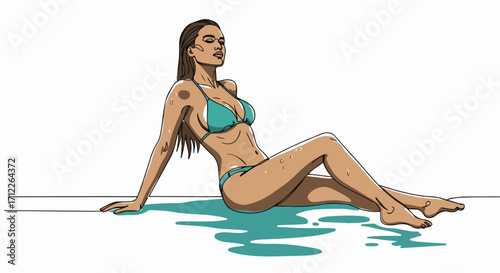 A woman in a turquoise bikini sunbathing on a white background, with water puddles around her