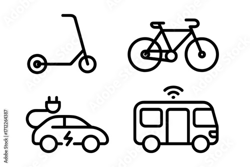 Urban mobility icons in simple linear style for modern transportation solutions, electric car, bicycle, electric scooter, smart city transport symbols, vector illustration transparent background
