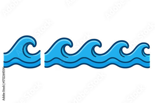 Blue ocean waves icon set, line style water symbol, vector cartoon illustration of sea waves, transparent background, smooth wave crest design, marine water flow pattern, ocean surface elements