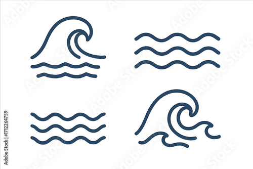 Wave line sign vector icons, water symbols with ocean waves and flowing water design, simple minimalistic aquatic wave illustrations, transparent background, ordered set