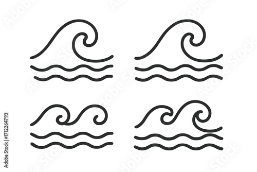 Set of ocean wave icons, marine water symbols, stylized line art waves, minimalist sea wave illustrations, simple water element vector graphics, coastal and nautical themes