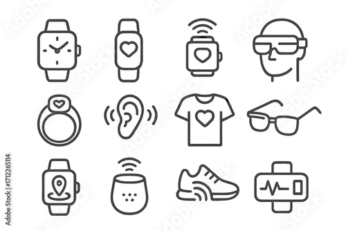Smart wearables IoT icons set in minimalist linear style with health monitoring, fitness tracking, smart glasses, wearable tech, and connected devices, vector cartoon illustration