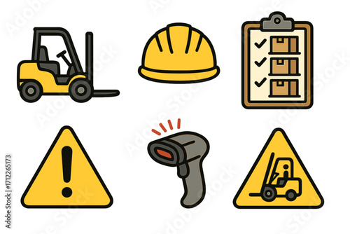 Warehouse safety icons set with forklift, yellow hard hat, inventory checklist, barcode scanner, warning signs, industrial safety equipment vector cartoon illustrations