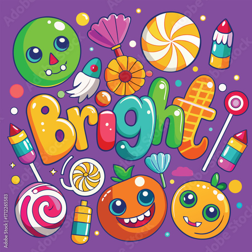 Bright colorful scattered candy assortment with cartoon elements