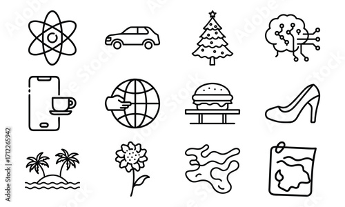 Set of Simple Line Icons – Atom Science Symbol, Car, Christmas Tree, Artificial Intelligence Brain, Mobile with Coffee Cup, Global Handshake, Burger, High Heel Shoe, Palm Trees Beach, Flower, Abstract