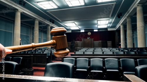 Gavel falling in empty courtroom, justice concept