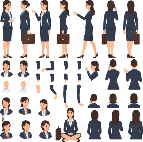  Isolated a kinds of deferent Business woman character constructor for animation. Front, side and back view set. Body parts, postures, poses collection. vector art with white background..