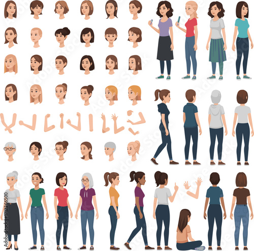 : Isolated a kinds of deferent Casual woman character constructor for animation. Front, side and back view. Body parts and postures collection. vector art with white background