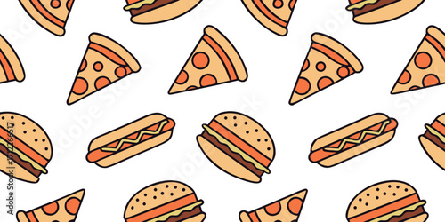 Seamless Hand-Drawn Doodle Fast Food Set with Burgers, Fries, Pizza Slices, and Hotdogs on Transparent Background for Snack and Restaurant Designs