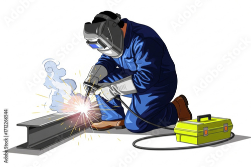 High-Quality Vector Illustration of a Professional Welder with Sparks and Smoke
