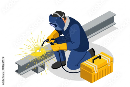 Vector Illustration of a Welder Welding Steel Beam with Safety Equipment
