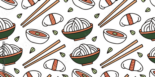 Seamless Hand-Drawn Doodle Asian Food Set Featuring Sushi, Ramen, Dumplings, and Chopsticks on Transparent Background for Culinary Designs