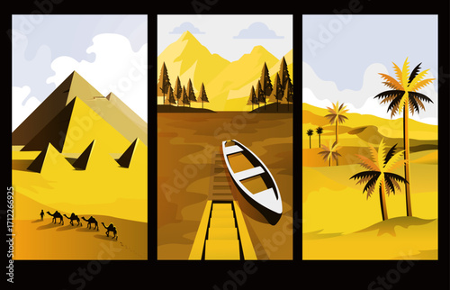 Classical design sketch illustration of nature landscape with desert and river