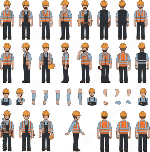 Isolated a kinds of deferent Construction worker, builder in helmet, vest, uniform. Character constructor for animation. Front, side and back view set. Body parts, postures, poses vector art .