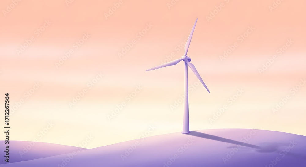 Obraz premium A solitary wind turbine stands atop a gentle hill, casting a long shadow under a pastel sky.