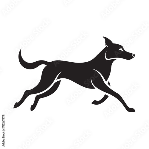 Black silhouette of a dog running, isolated on white background