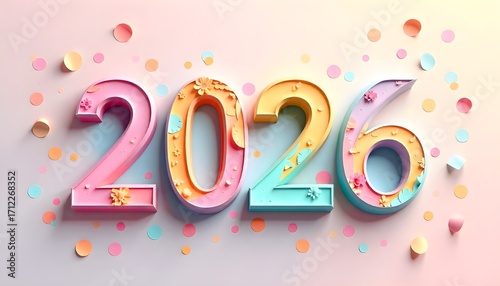 the year 2026 in big, colorful numbers with a pastel background.
It gives a bright, cheerful, and festive vibe for the new year.