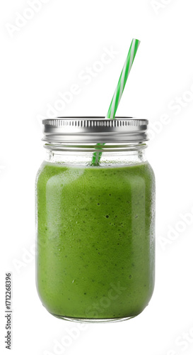 Green Smoothie in Mason Jar, isolated on white background