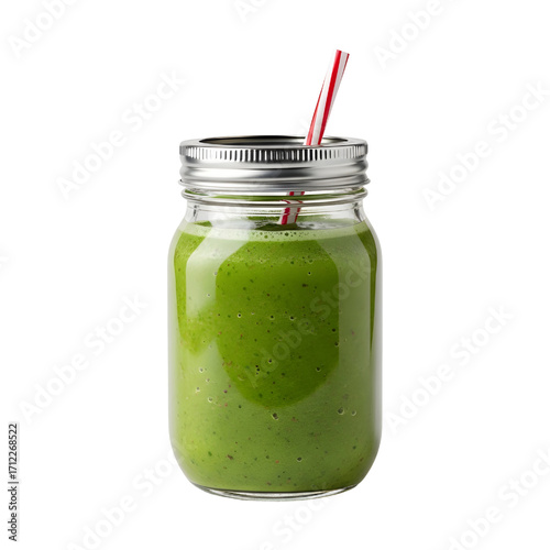 Green Smoothie in Mason Jar, isolated on white background