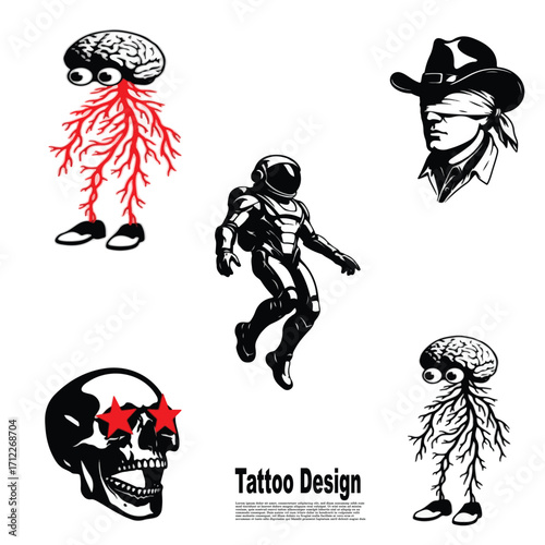 five tattoo designs with various cute themes