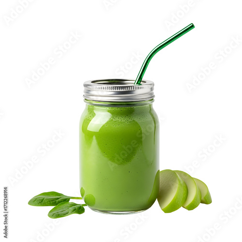 Green Smoothie in Mason Jar, isolated on white background