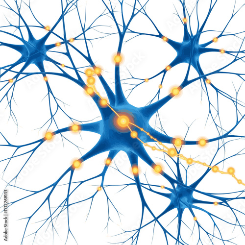  Isolated a kinds of deferent Secretion of acetylcholine moving between the dendrites of activated neurons with orange glowing neurotransmitters in blue neural network vector art with white background