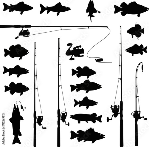 Isolated a kinds of deferent Spinning rod and fish silhouettes vector art with white background..