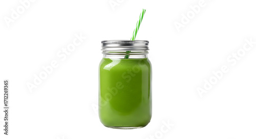 Green Smoothie in Mason Jar, isolated on white background
