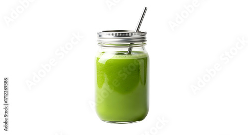 Green Smoothie in Mason Jar, isolated on white background