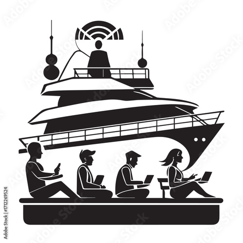 People working on laptops and phones on a yacht with wifi signal, representing remote work and digital nomad lifestyle