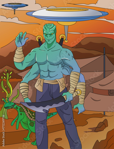 A Red Martian Alien on the Surface of Mars Coloring Page

