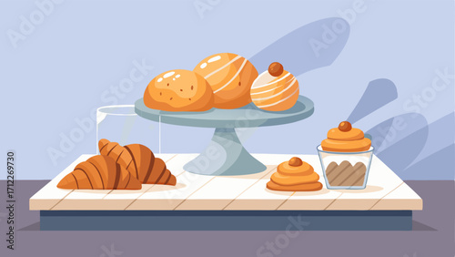 A display of freshly baked pastries and croissants on a sleek marble countertop.
