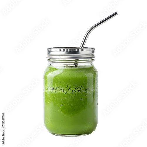 Green Smoothie in Mason Jar, isolated on white background