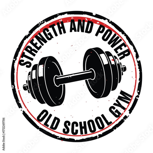 Vintage strength and power old school gym logo with dumbbell,A circular, distressed logo featuring a classic barbell dumbbell in the center with text around the perimeter.