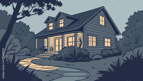 Suburban House at Night Cozy Home Exterior Nighttime Landscape Illustration Home Sweet Home Dream House Design.