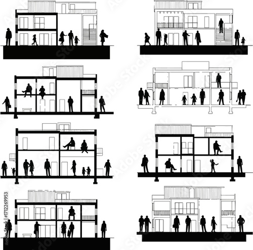 Isolated a kinds of deferent The silhouettes of individuals are showcased in architectural drawings, specifically in elevation and section views, to add a human element to 2D designs vector art with w
