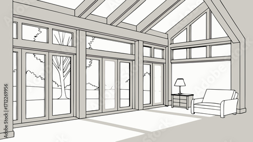 Sunroom Design Interior Architecture Sketch Large Windows Glass Doors Cozy Seating Area Home Improvement Architectural Drawing House Plan Room Design Modern Architecture Interior Design.