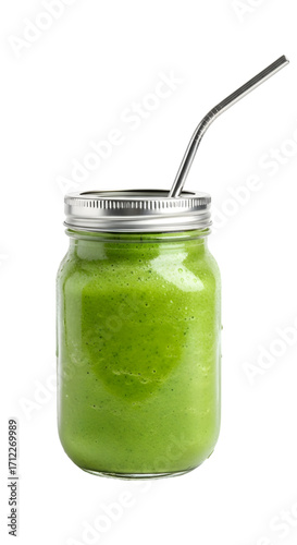 Green Smoothie in Mason Jar, isolated on white background