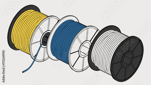 Three Spools of Wire in Yellow Blue and White.