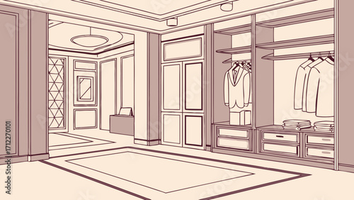 Walk-in Closet Interior Design Modern Wardrobe with Clothes and Drawers Home Organization Illustration.