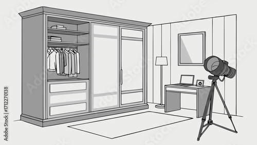 Wardrobe design interior sketch modern closet home studio setup photography equipment lighting workspace minimalist design bedroom interior interior illustration furniture design home.