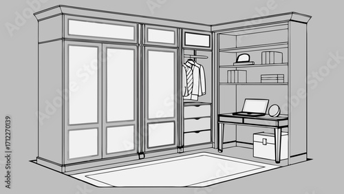 Wardrobe Design Built-in Closet with Desk and Bookshelves Home Interior Illustration Bedroom Furniture Sketch Modern Closet Concept.