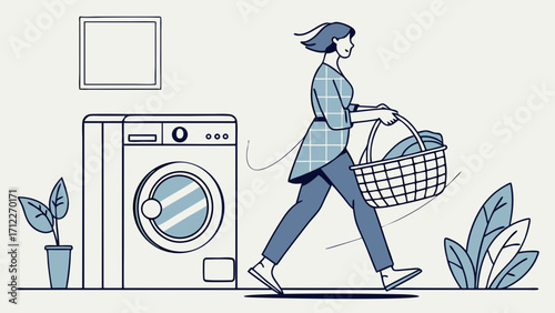 Woman carrying laundry basket towards washing machine home chores minimalist illustration.