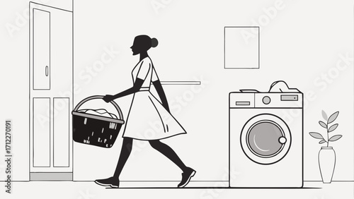 Woman carrying laundry basket towards washing machine home chores simple illustration.