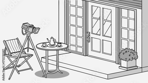 A film camera on a tripod set up outside a building with a small table and chairs.