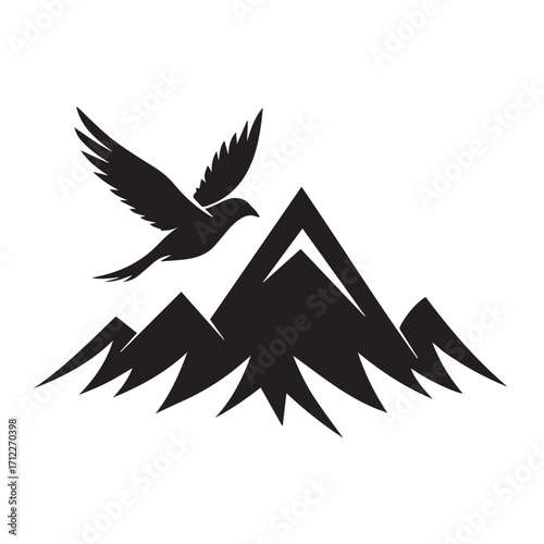Silhouette of a bird flying over jagged mountain peaks, isolated on white background