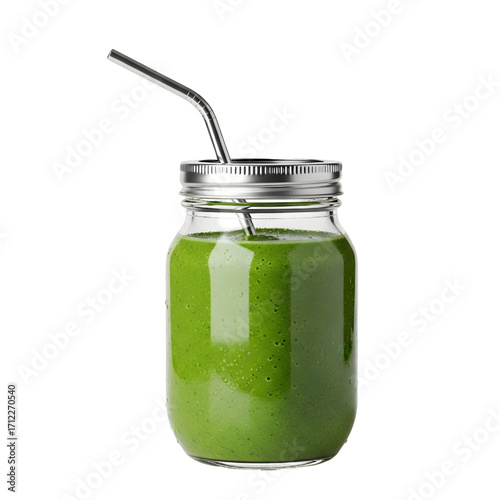 Green Smoothie in Mason Jar, isolated on white background