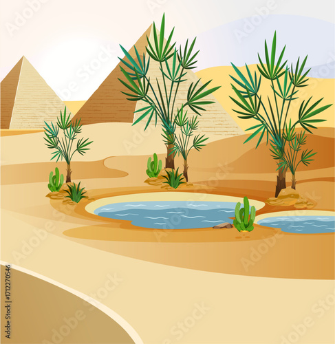 Sketch illustration of Egypt landscape painting with pyramid and oasis