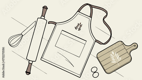 Baking Utensils Flatlay Apron Rolling Pin Whisk Cutting Board Illustration.